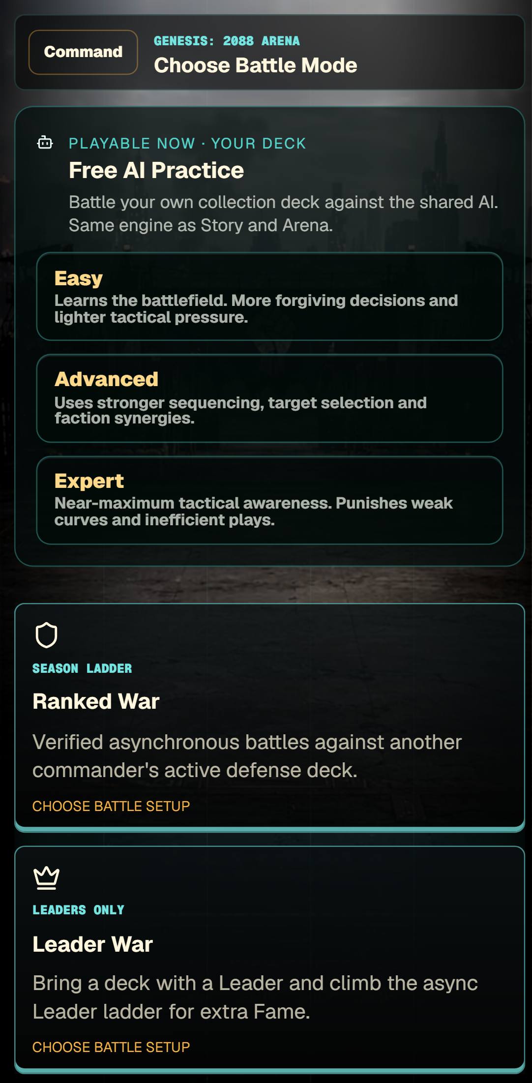 Genesis 2088 Arena battle mode selection
